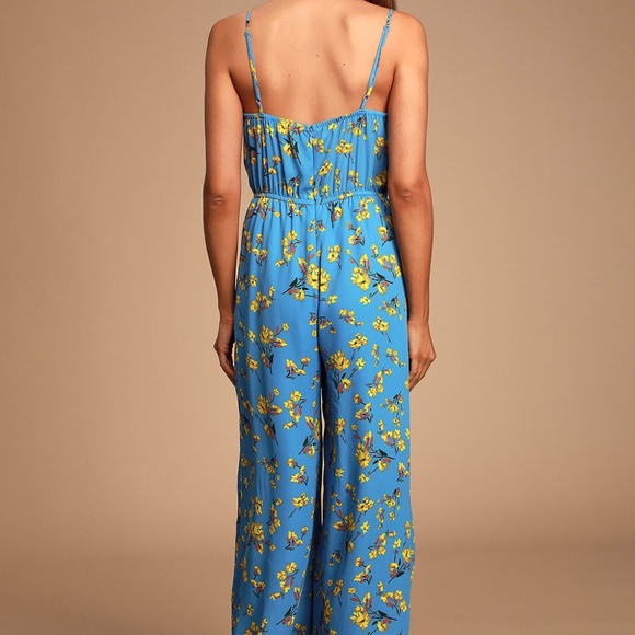 Lulus Bryony Blue Yellow Floral Print Wide-Leg Flare & Flare Jumpsuit - Picture 4 of 7
